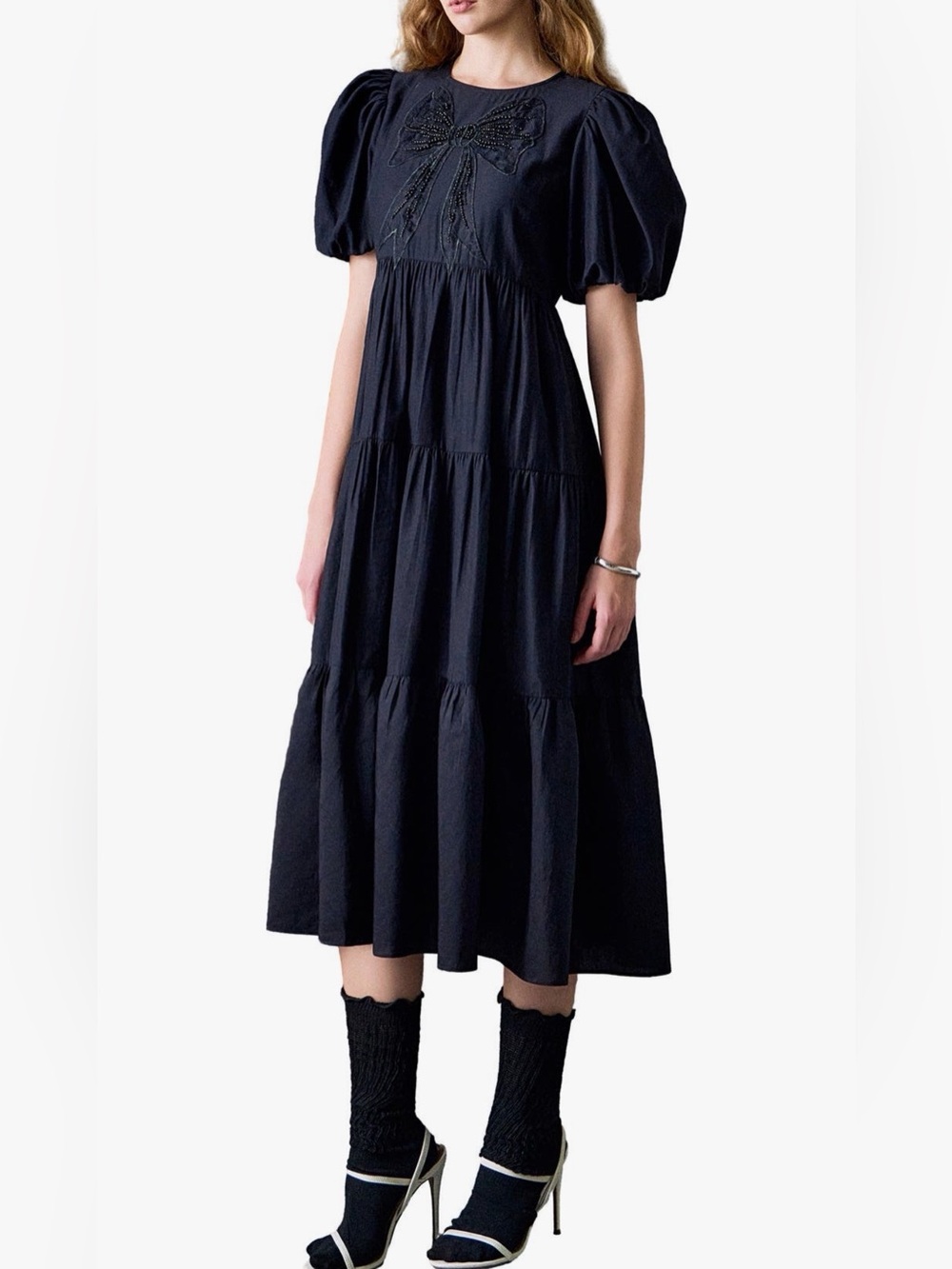 English Factory Sequin Bow Detail Tiered Organza Midi Dress